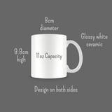 a white coffee mug with measurements for the size of it